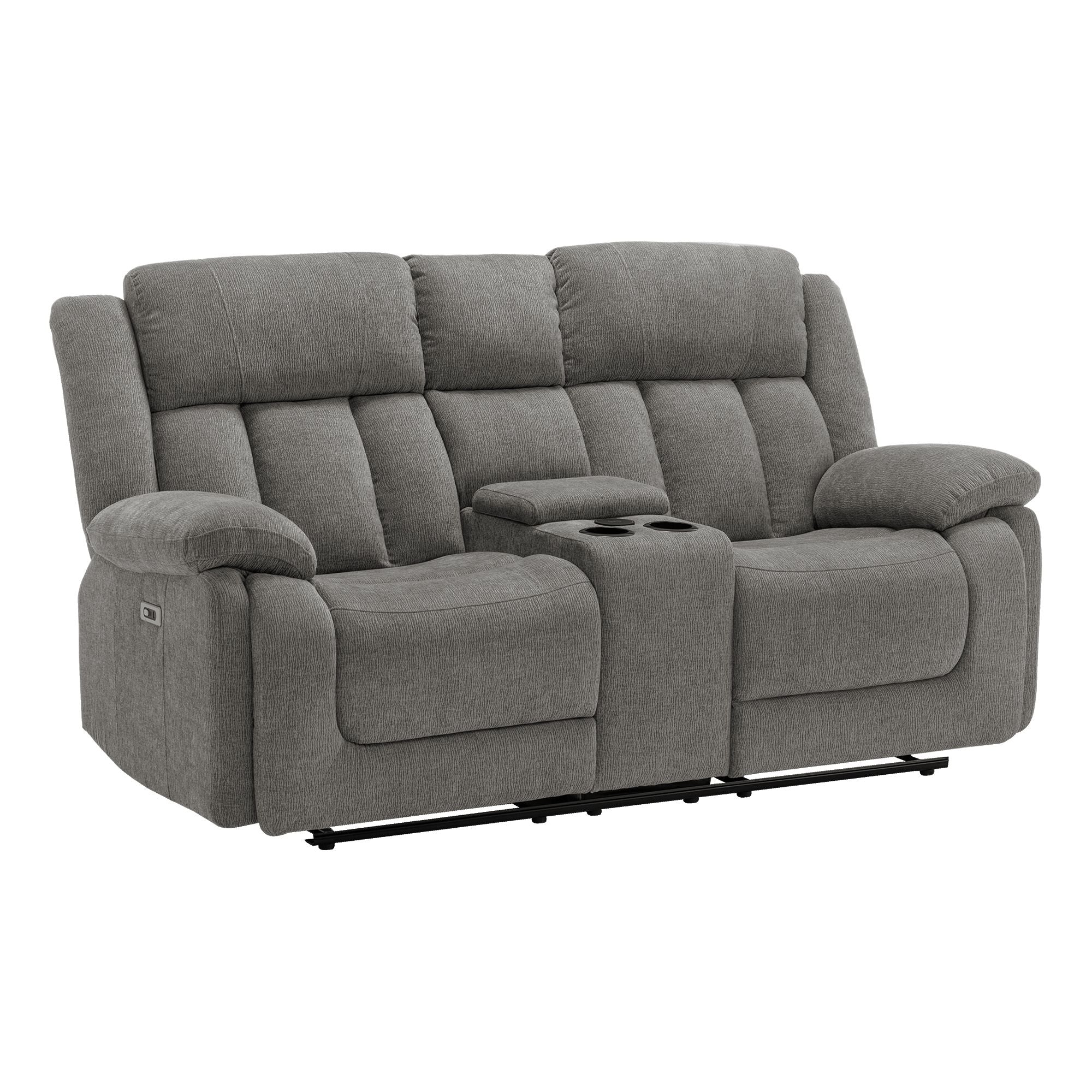 Grey Monarch Specialties Royale Comfort Power Reclining Loveseat with built-in console and USB ports, featuring plush cushioning.
