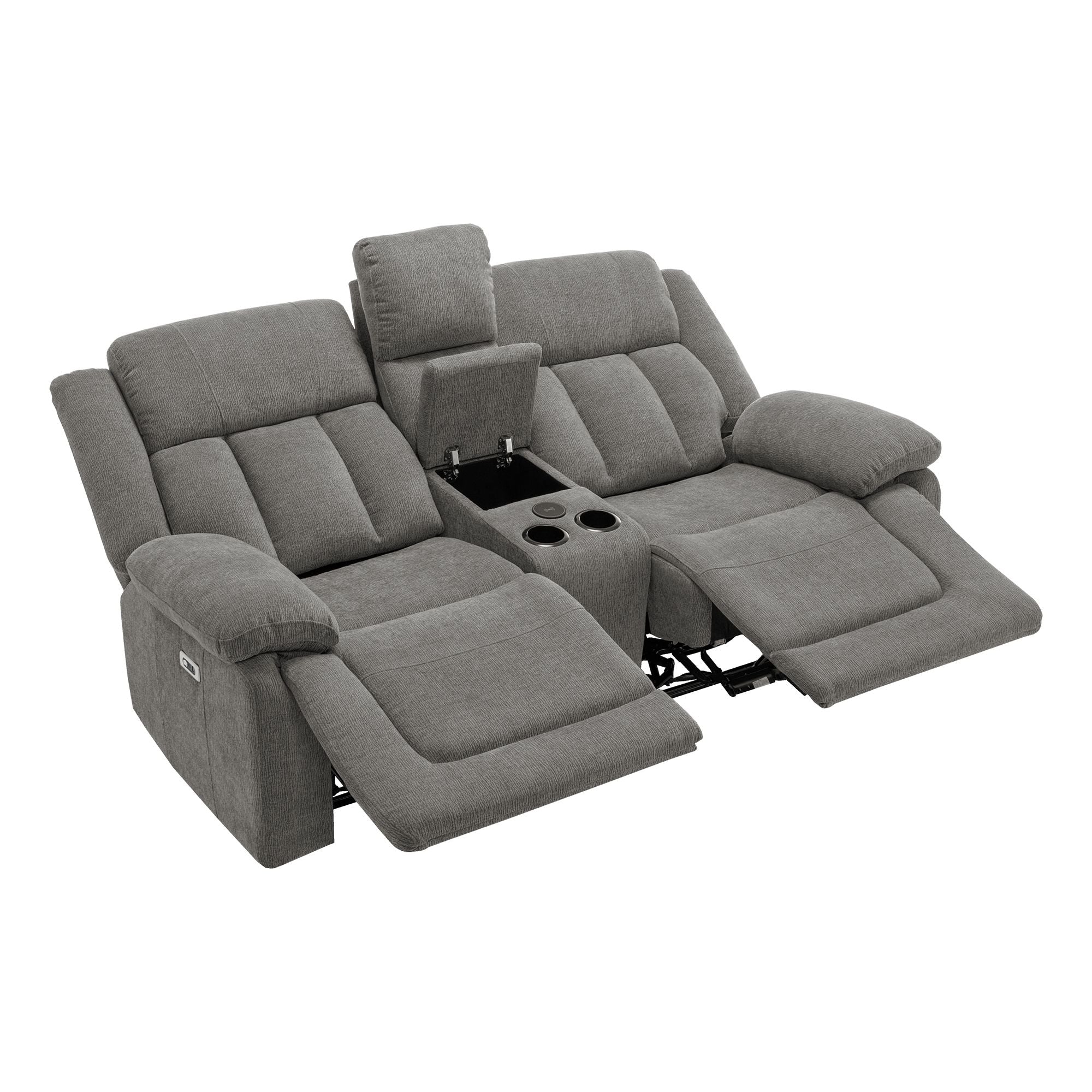 Grey Monarch Specialties Royale Comfort Power Reclining Loveseat with console and USB ports, showing plush cushions and modern design.