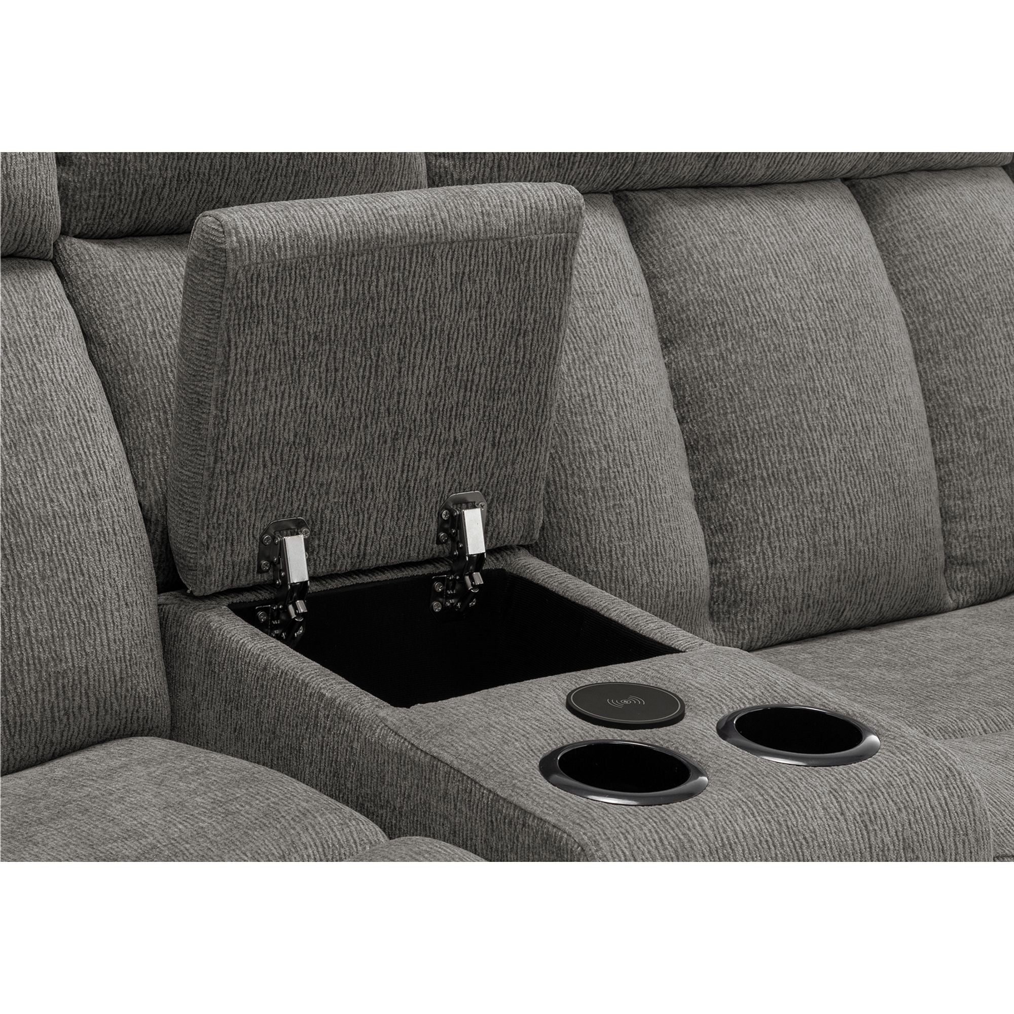 Grey Monarch Specialties Royale Comfort Power Reclining Loveseat with built-in console and USB ports, featuring plush cushions and armrests.