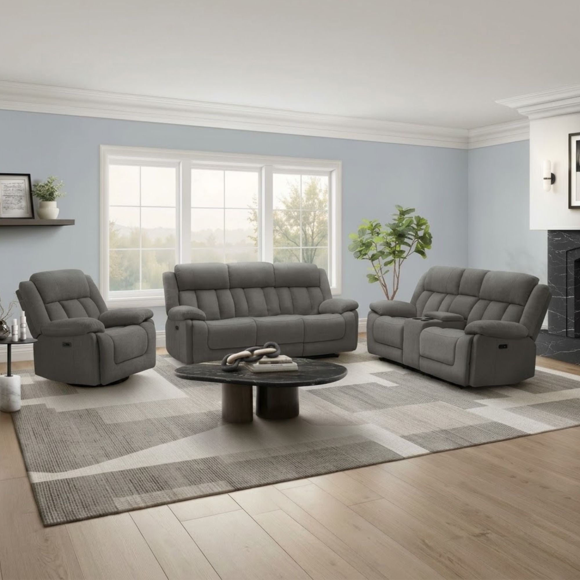 Grey Monarch Power Recliner Chair with swivel and USB port, featuring plush cushioning and modern design for comfortable relaxation.