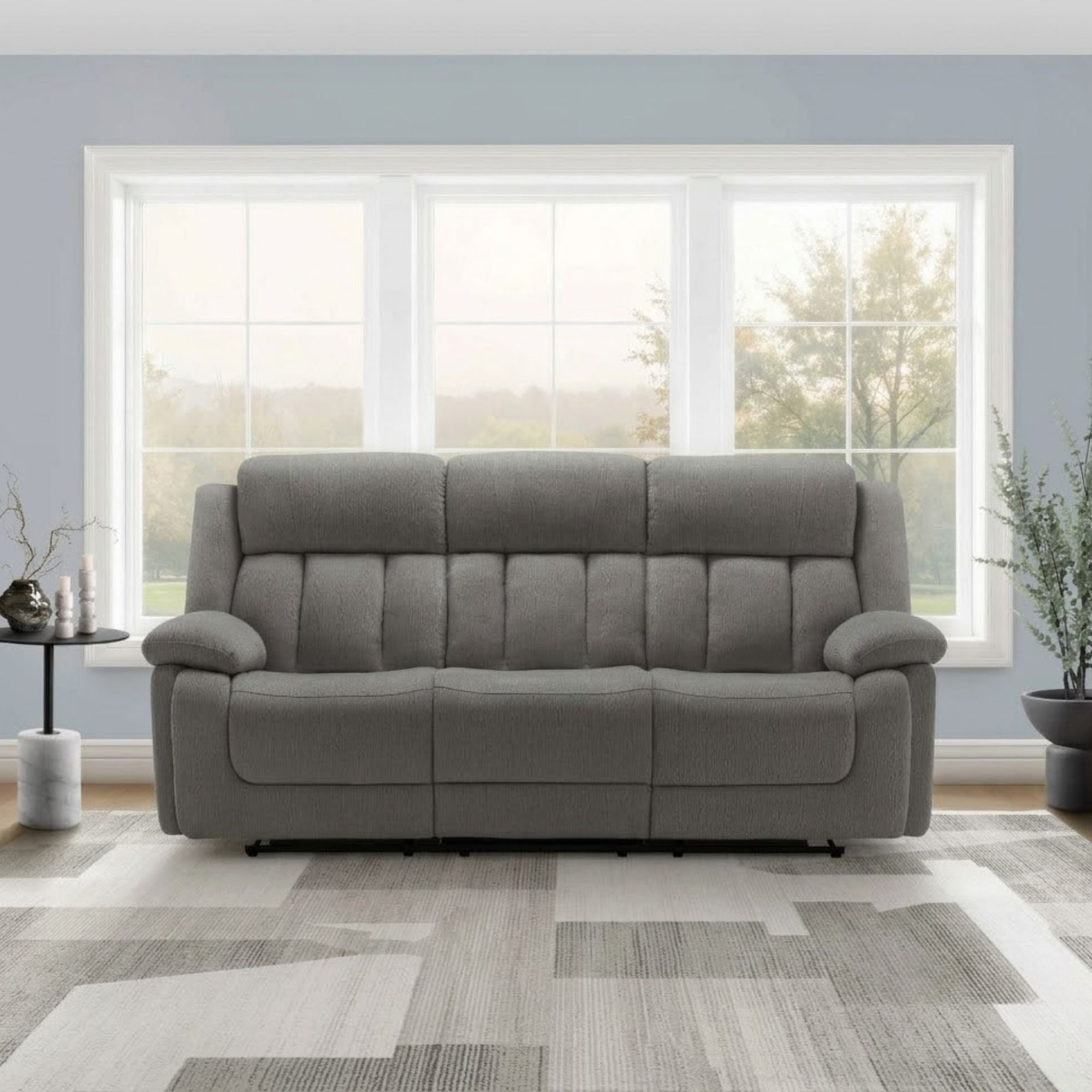 Gray Monarch Specialties Royale Comfort Power Reliner Sofa with built-in USB port, featuring plush upholstery and reclining seats.