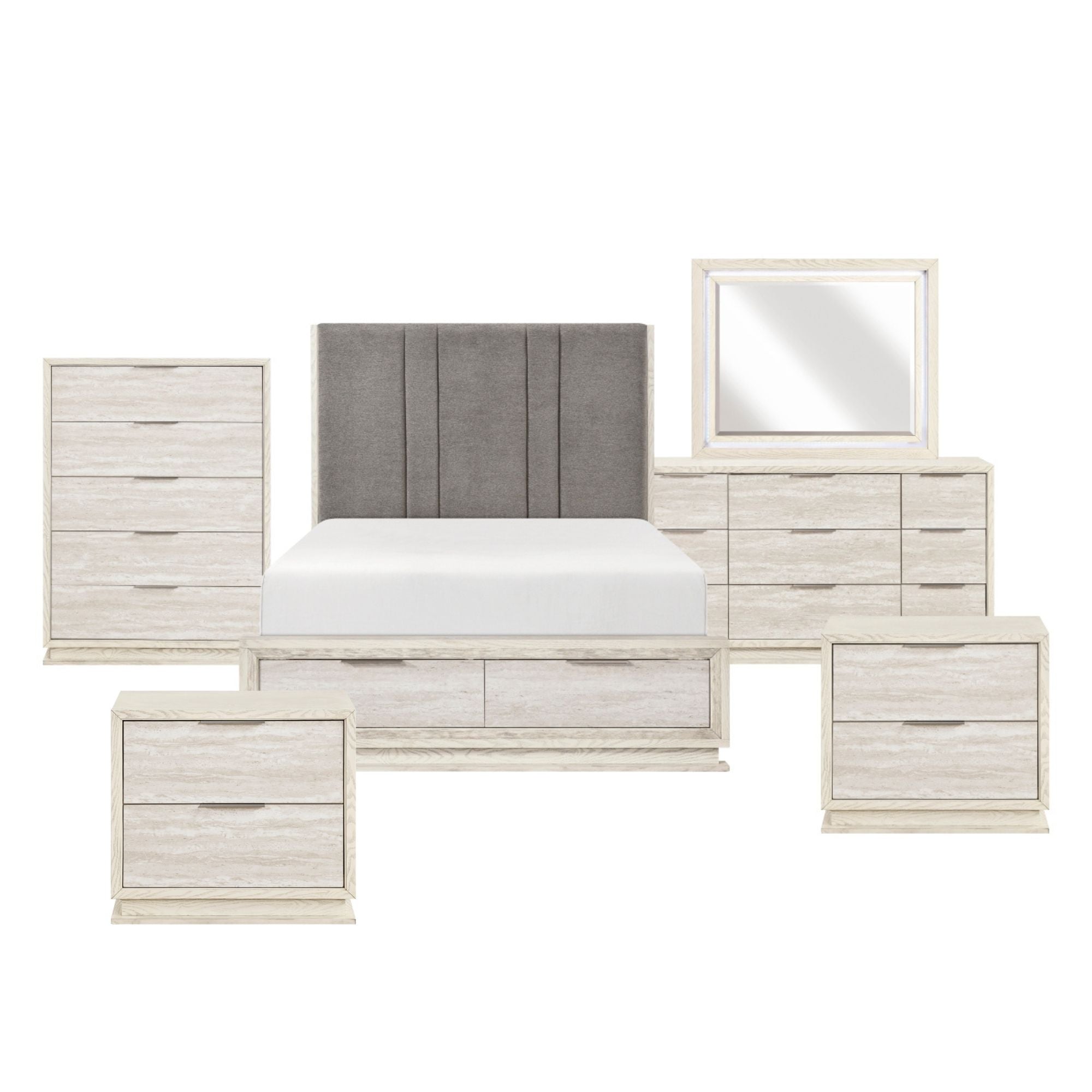MAZ Noctis bedroom set with bed, dresser, and nightstands in a modern bedroom interior.