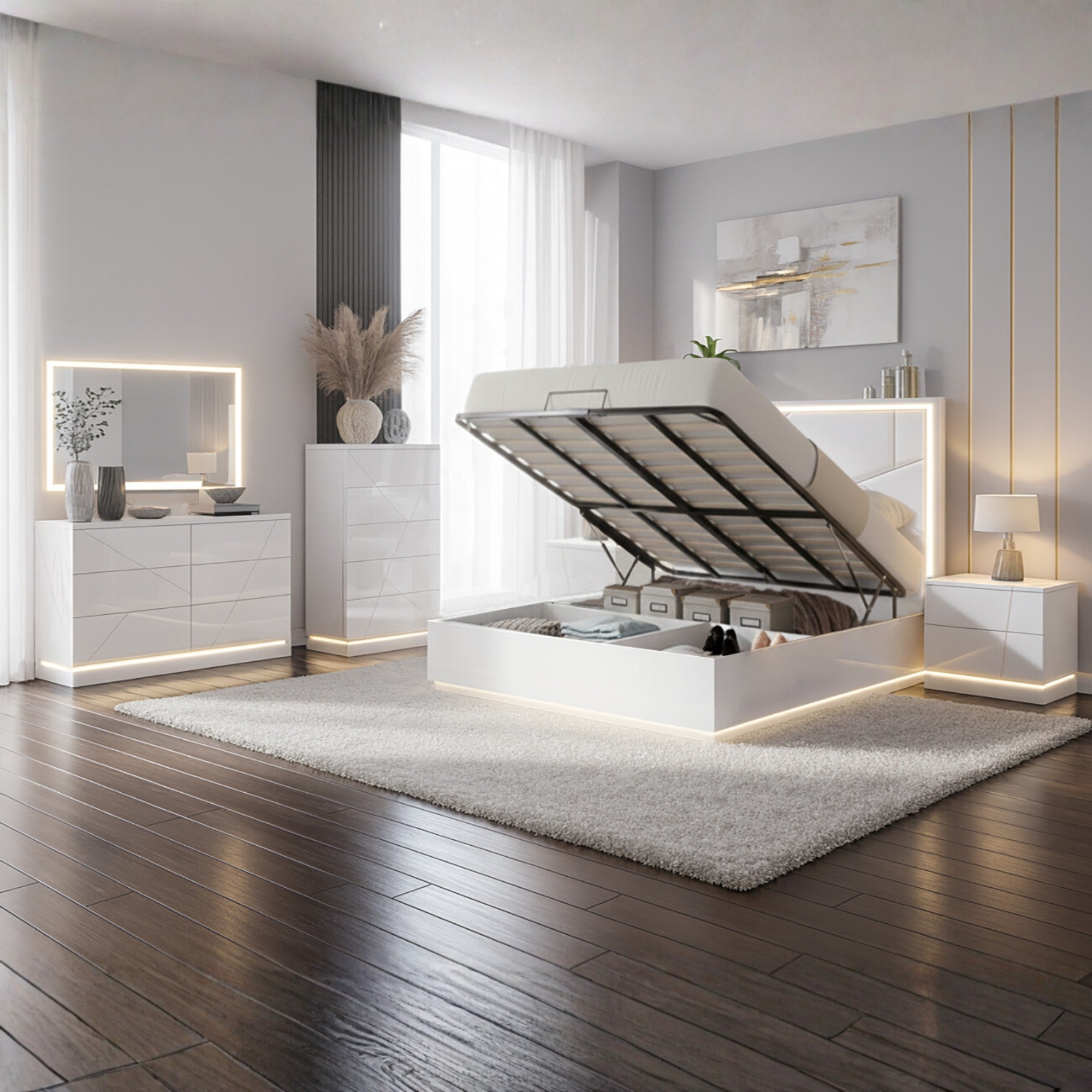 Tresoria Modern Lift-Up Storage Bedroom Set in White | CastleUp Experience Centre