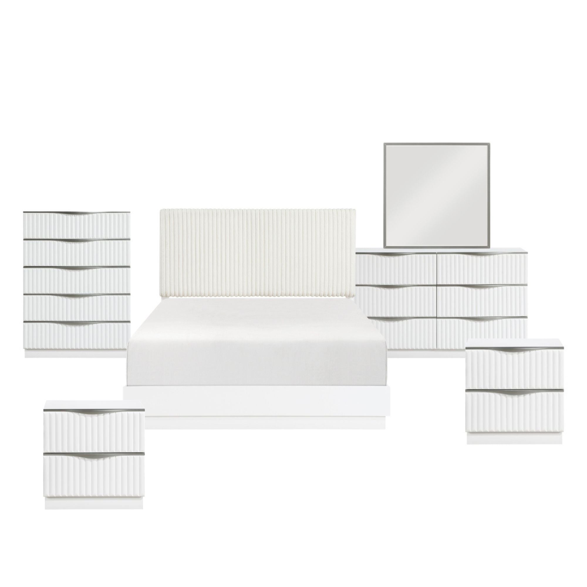 M.A.F Linea Collection 8-piece bedroom set featuring a bed, nightstands, dresser, and matching furniture in a modern design.