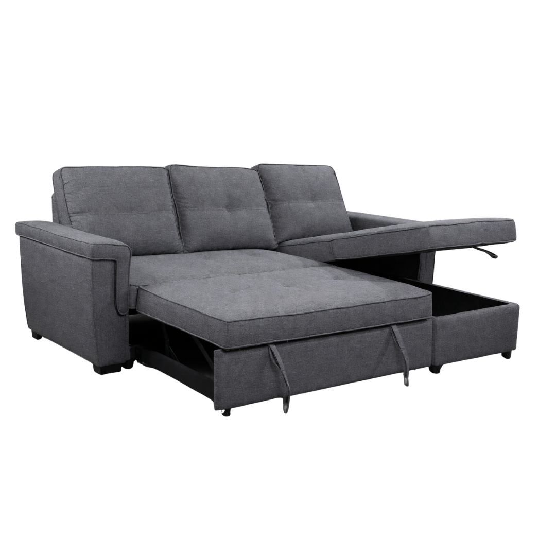 Grey IFF reversible sectional sleeper with storage chaise, showcasing its modern design and comfortable sleeping and seating features.
