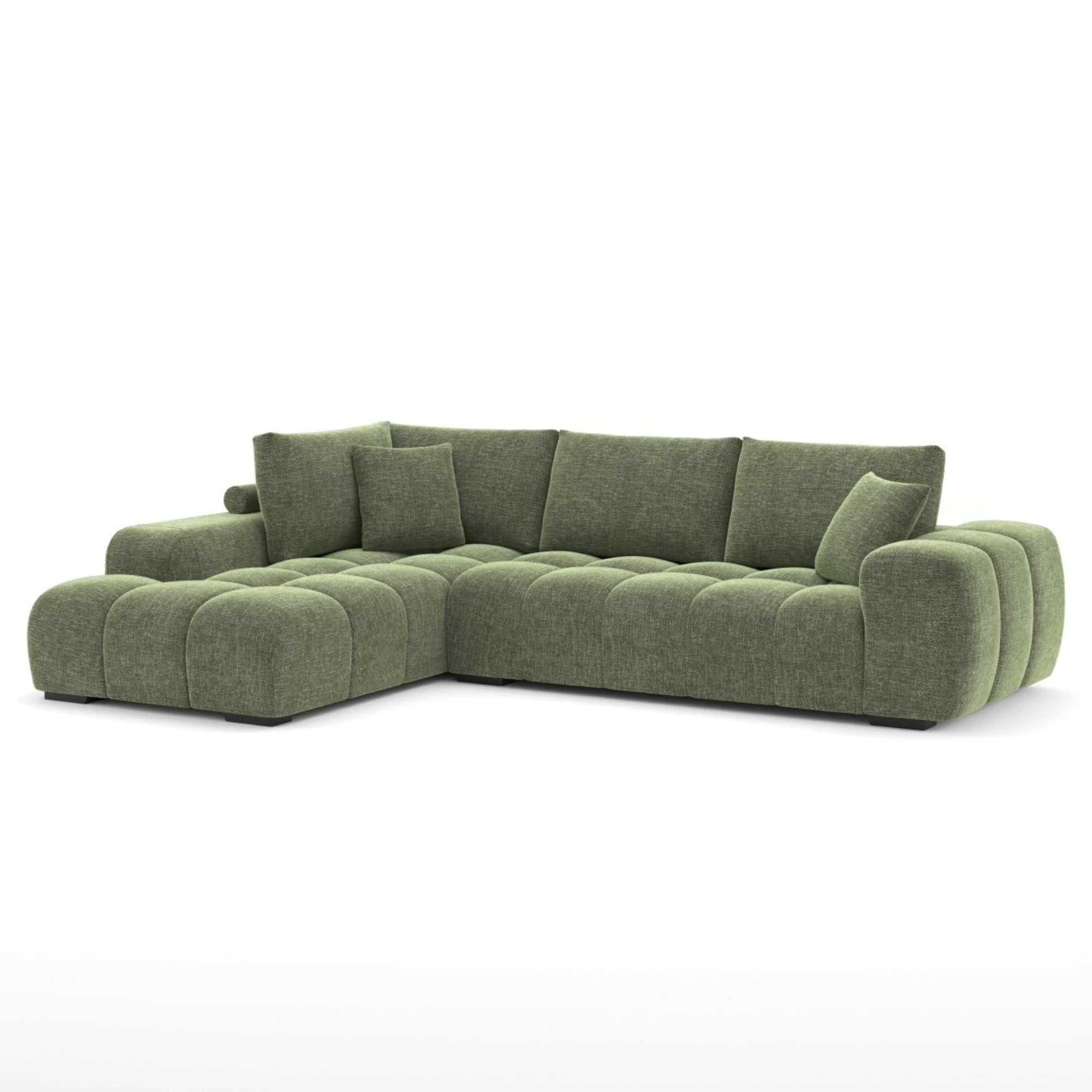 Brassex green sectional sofa with modern design, upholstered in fabric, showing plush cushions and spacious seating.