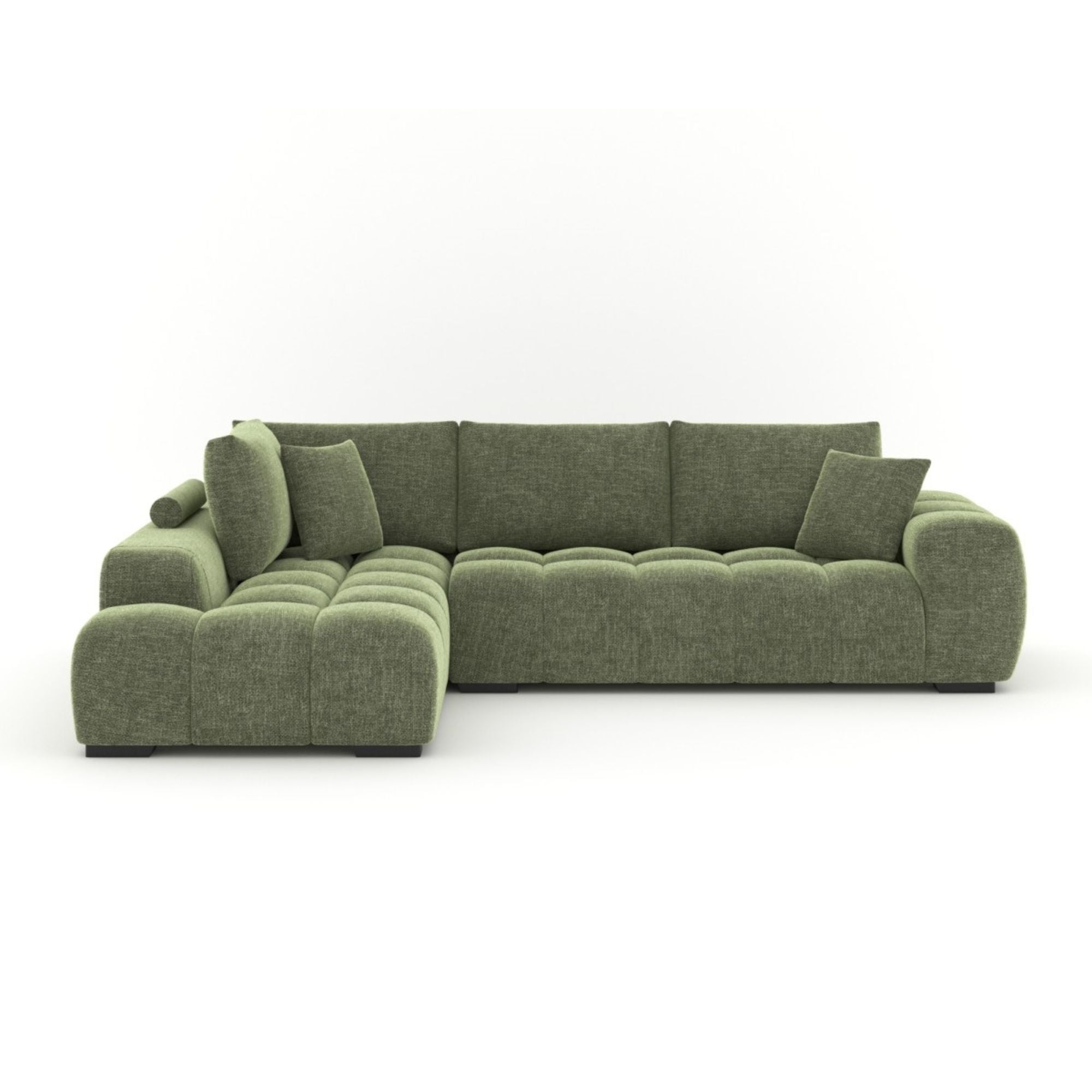 Brassex green Zara sectional sofa with plush cushions and modern design, shown in a cozy living room setting.