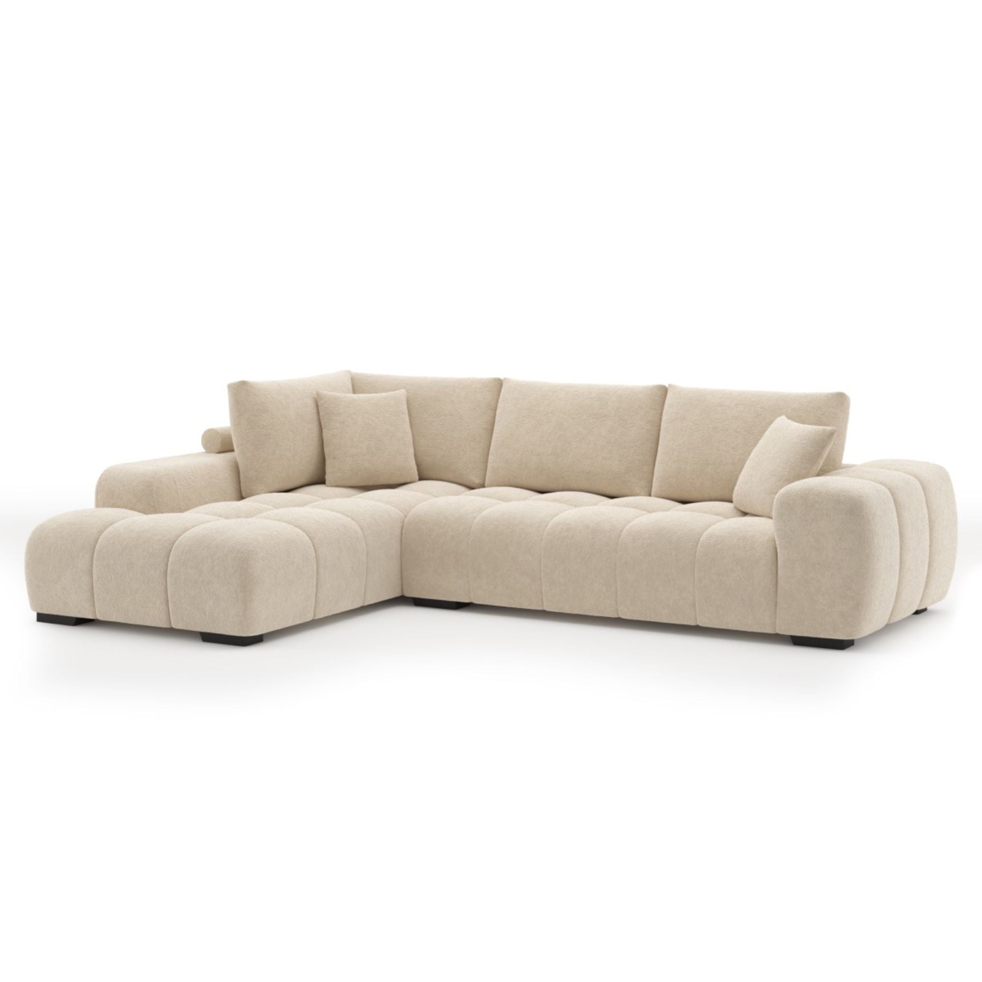Beige Brassex Zara sectional sofa with plush cushions and modern design, shown in a spacious living room setting.