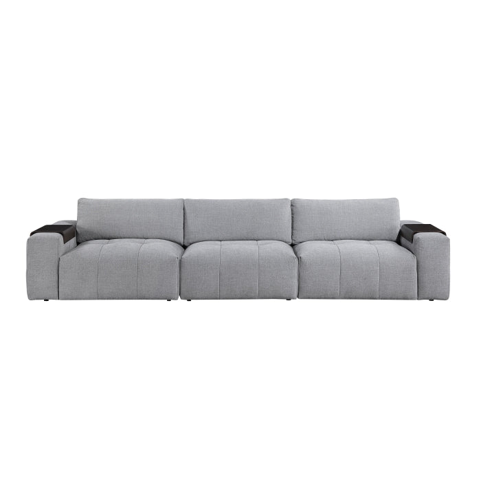Gray Tidal 3-piece modular sofa by MAZ with plush cushions, shown from the front, arranged in a contemporary living room setting.