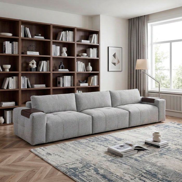 MAZ Tidal 3-piece modular sofa in grey, showing side view of contemporary fabric sofas with clean lines and plush cushions.