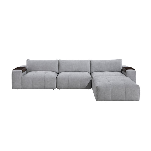 MAZ Tidal 4-piece modular sectional sofa with grey upholstery and matching ottoman, front view showing modern, comfortable design.