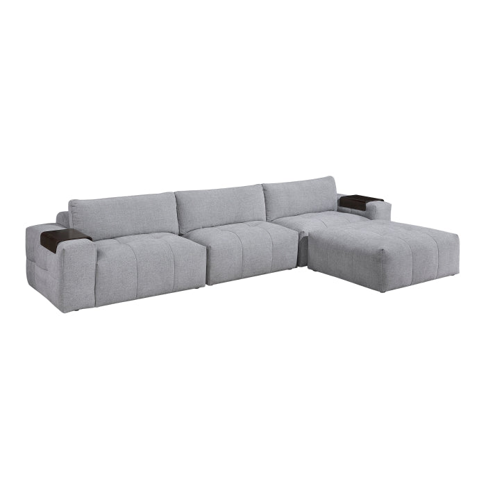 MAZ Tidal 4-piece grey modular sectional sofa with matching ottoman, showing side view with fabric upholstery and modern design