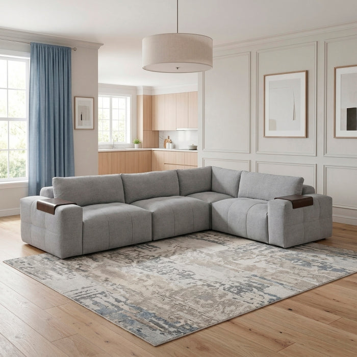 MAZ Tidal 4-Piece Modular Sectional Sofa in grey, showing the front view with plush cushions and modern design.