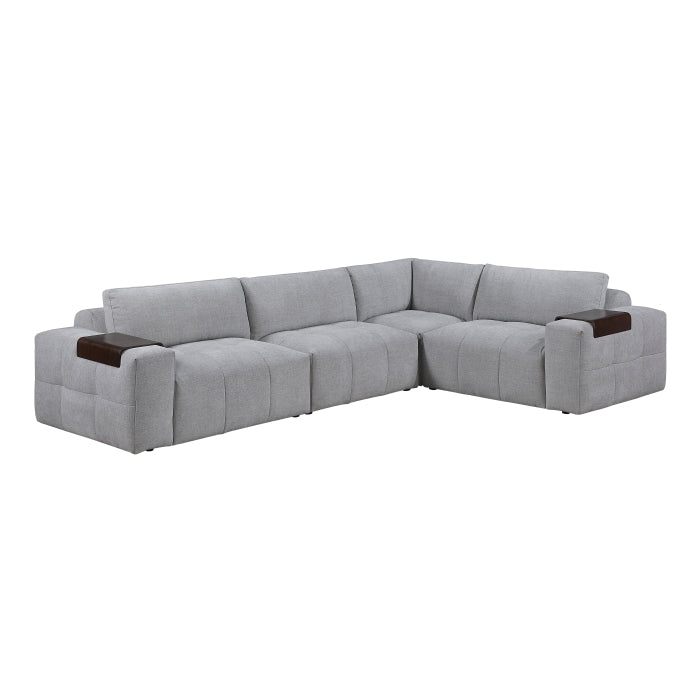MAZ Tidal 4-Piece Grey Modular Sectional Sofa with clean lines and plush cushions, shown from the front view.