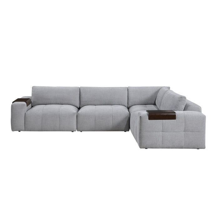MAZ Tidal 4-piece modular sectional sofa in grey, showing a close-up of the fabric and modern design with wooden legs.