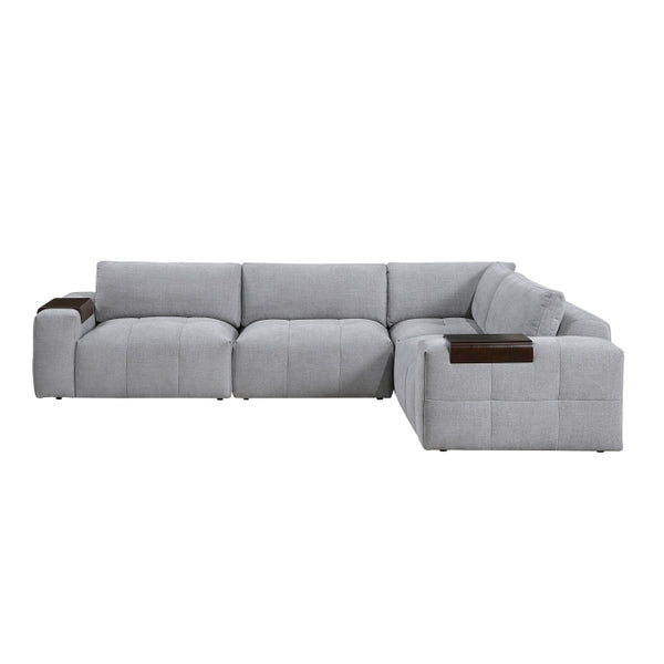 MAZ Tidal 4-piece modular sectional sofa in grey, showing a close-up of the fabric and modern design with wooden legs.
