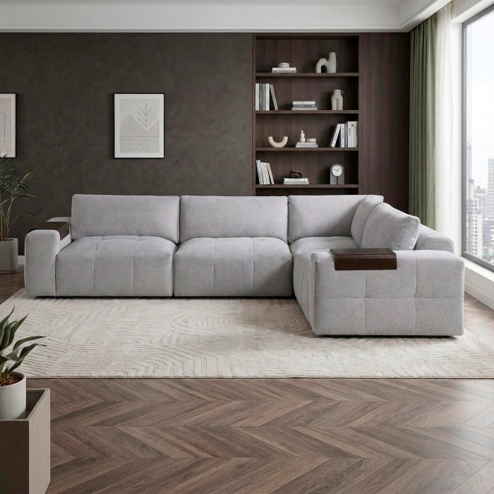 MAZ Tidal 4-Piece Modular Sectional Sofa in grey, showing side view with multiple connected seating sections and cushions.