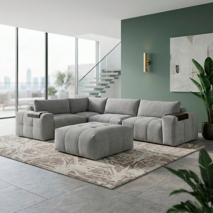 Gray MAZ Tidal 5-piece modular sectional sofa with ottoman, featuring plush cushions and contemporary design, front view.