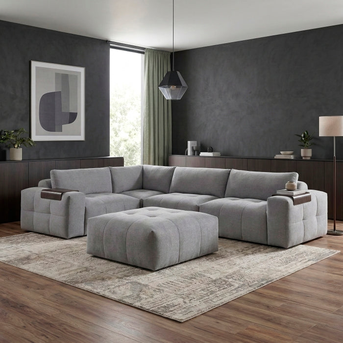 Gray MAZ Tidal 5-piece modular sectional sofa with matching ottoman, featuring clean lines and plush cushions.