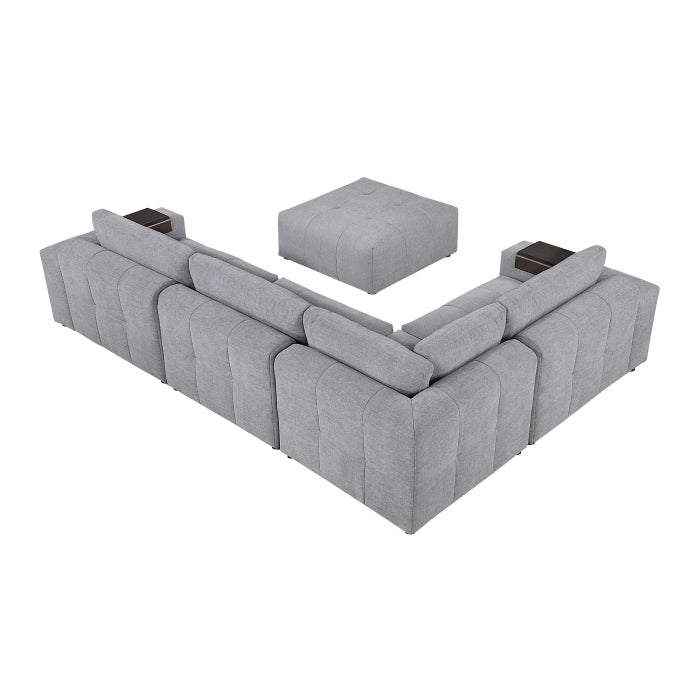 MAZ Tidal 5-piece modular sectional sofa with ottoman in grey, showing back view with plush cushions and modern design.