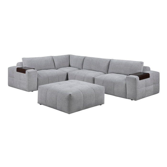 MAZ Tidal 5-piece modular sectional sofa with matching ottoman in grey, featuring clean lines and plush cushions, front view.