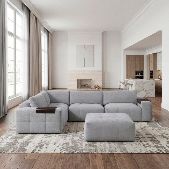 Gray Tidal 5-piece modular sectional sofa with ottoman by MAZ, showing side view of the comfortable, contemporary living room furniture.