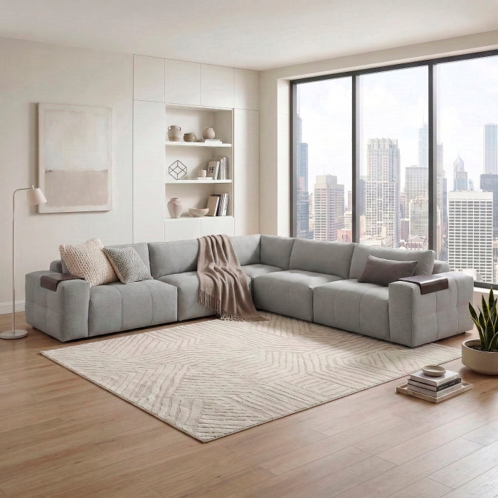 MAZ Tidal 5-piece modular sectional sofa in grey, showing the front view with clean lines and plush cushions.