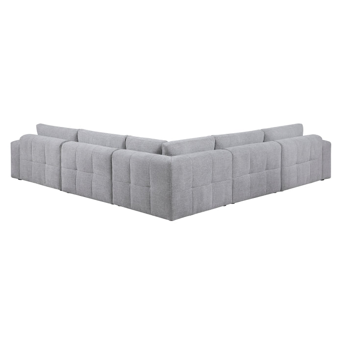 Grey MAZ Tidal 5-piece modular sectional sofa with back cushions, showcasing a spacious, contemporary living room setup.