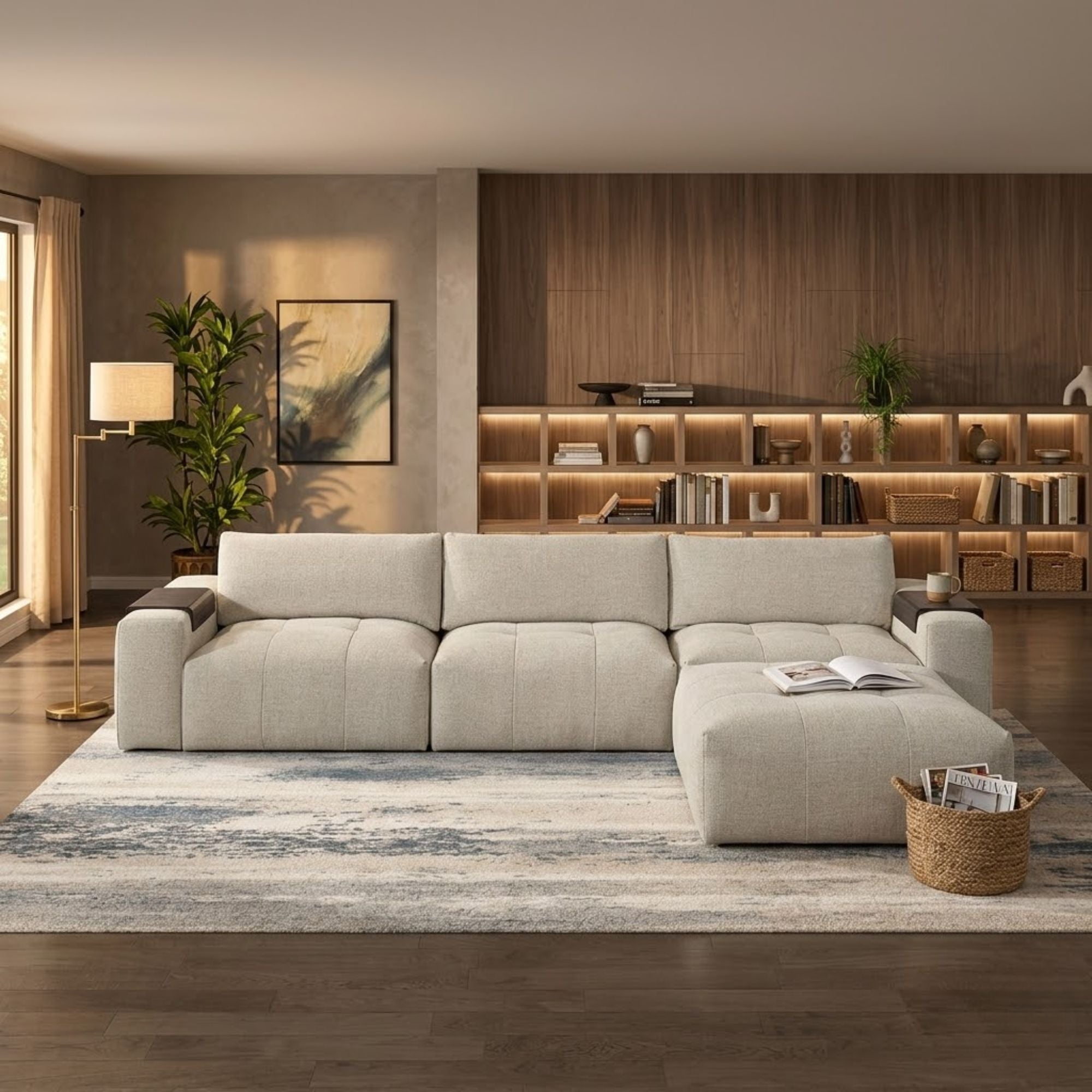 MAZ Tidal 4-piece modular sectional sofa with ottoman in taupe, featuring plush cushions and modern design.