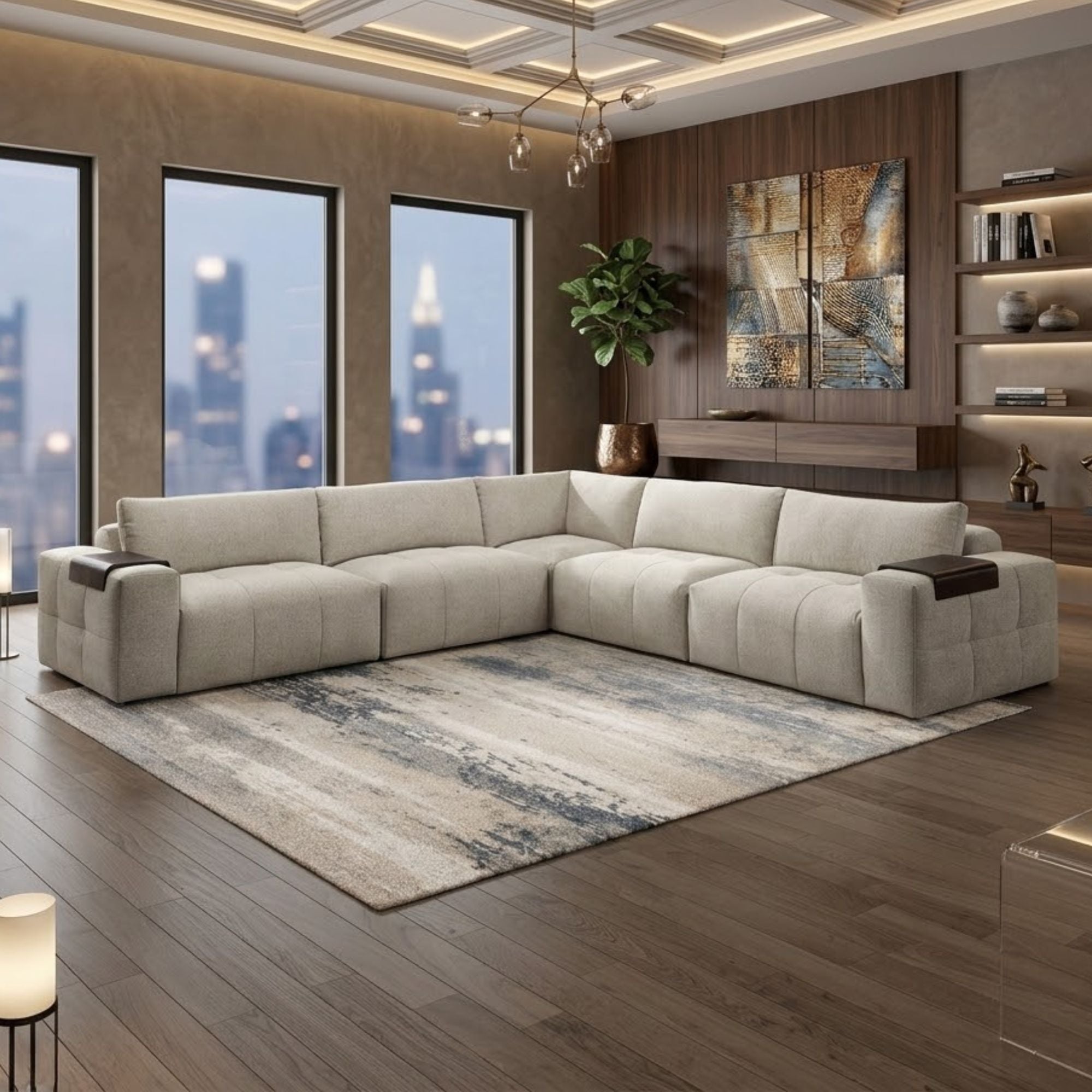 MAZ Tidal 5-Piece Modular Sectional Taupe sofa with plush cushions and modern design, shown in a spacious living room setting.