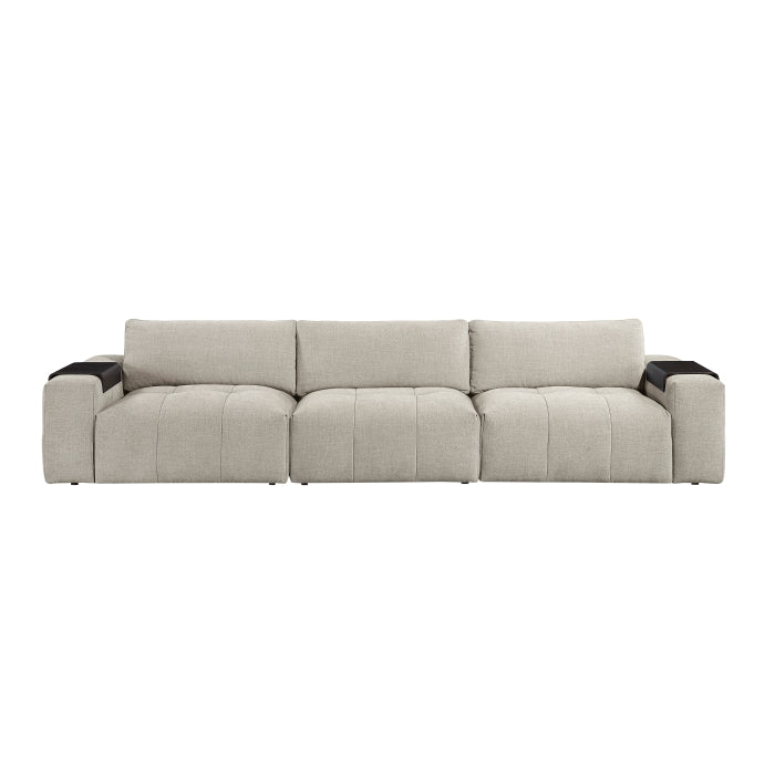 Front view of the MAZ Tidal 3-Piece Modular Sofa in taupe with clean lines and plush cushions, showcasing modern living room furniture.