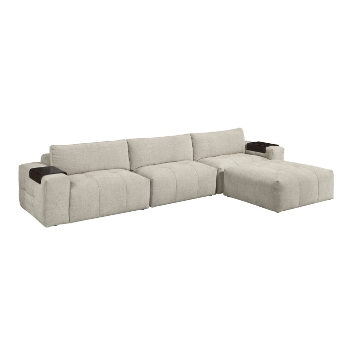 MAZ Tidal 4-piece modular sectional sofa with ottoman in taupe, featuring plush cushions and modern design, side view.