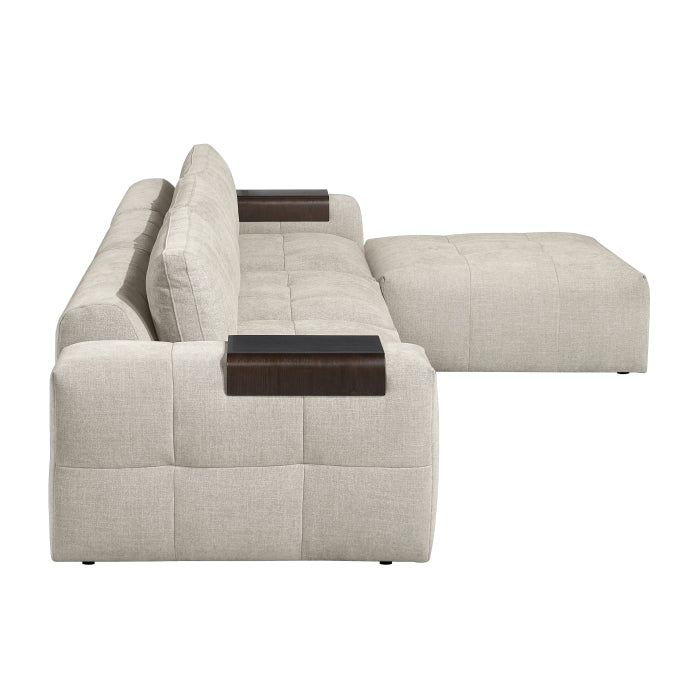 MAZ Tidal 4-piece modular sectional sofa with ottoman in taupe, shown from side view, featuring clean lines and plush cushions.