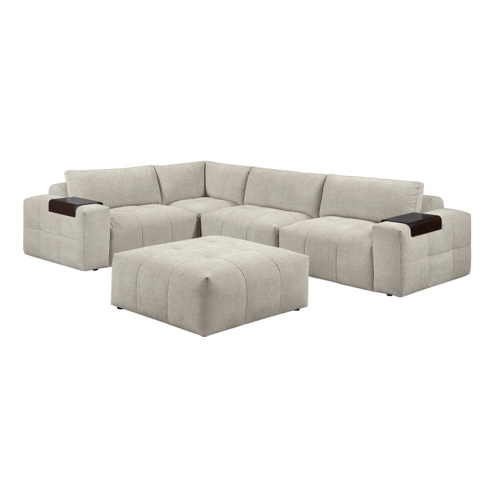 MAZ Tidal 5-piece taupe sectional sofa with ottoman, modular design, and plush fabric, shown from the front with no background.