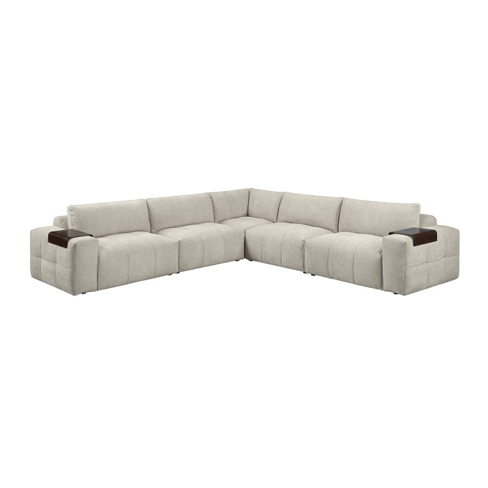 MAZ Tidal 5-Piece Modular Sectional Sofa in taupe with front view, showcasing the modern design and plush cushions.