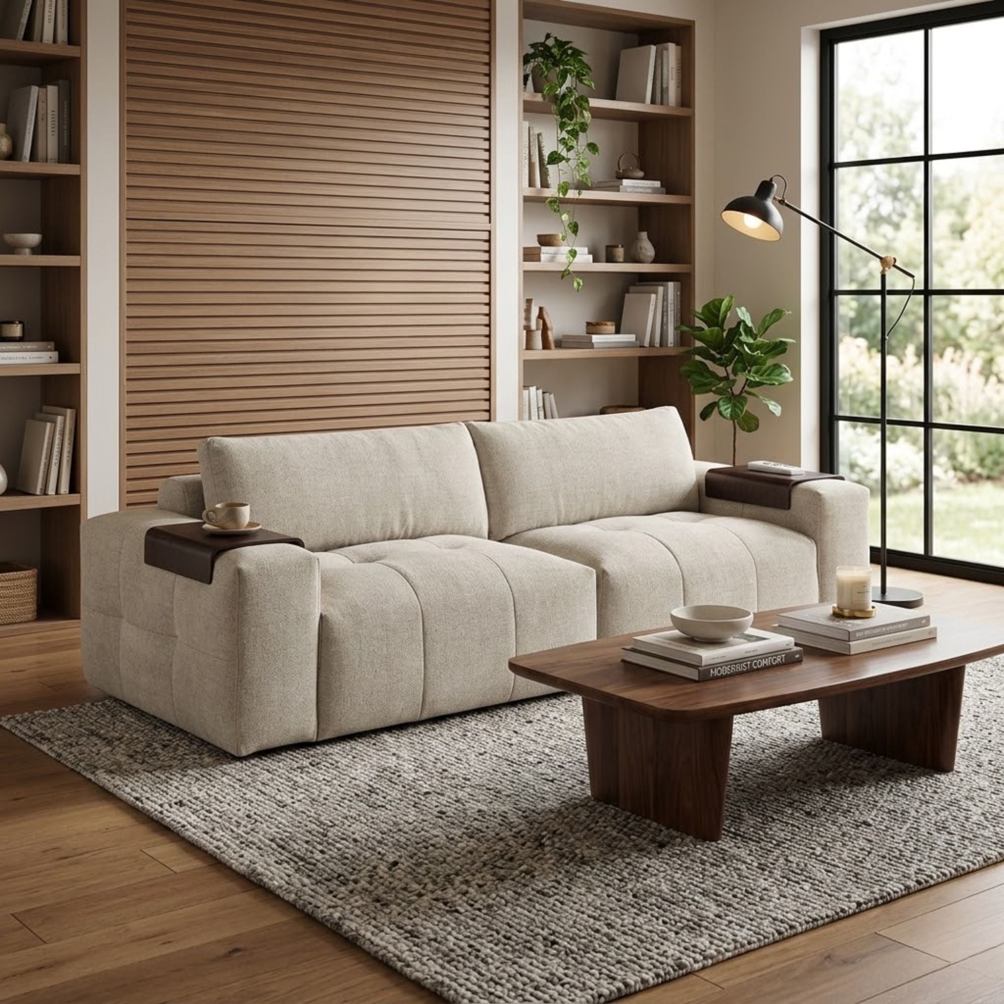 MAZ Tidal 2-piece modular loveseat in taupe fabric, featuring plush cushions and modern design for comfortable seating.