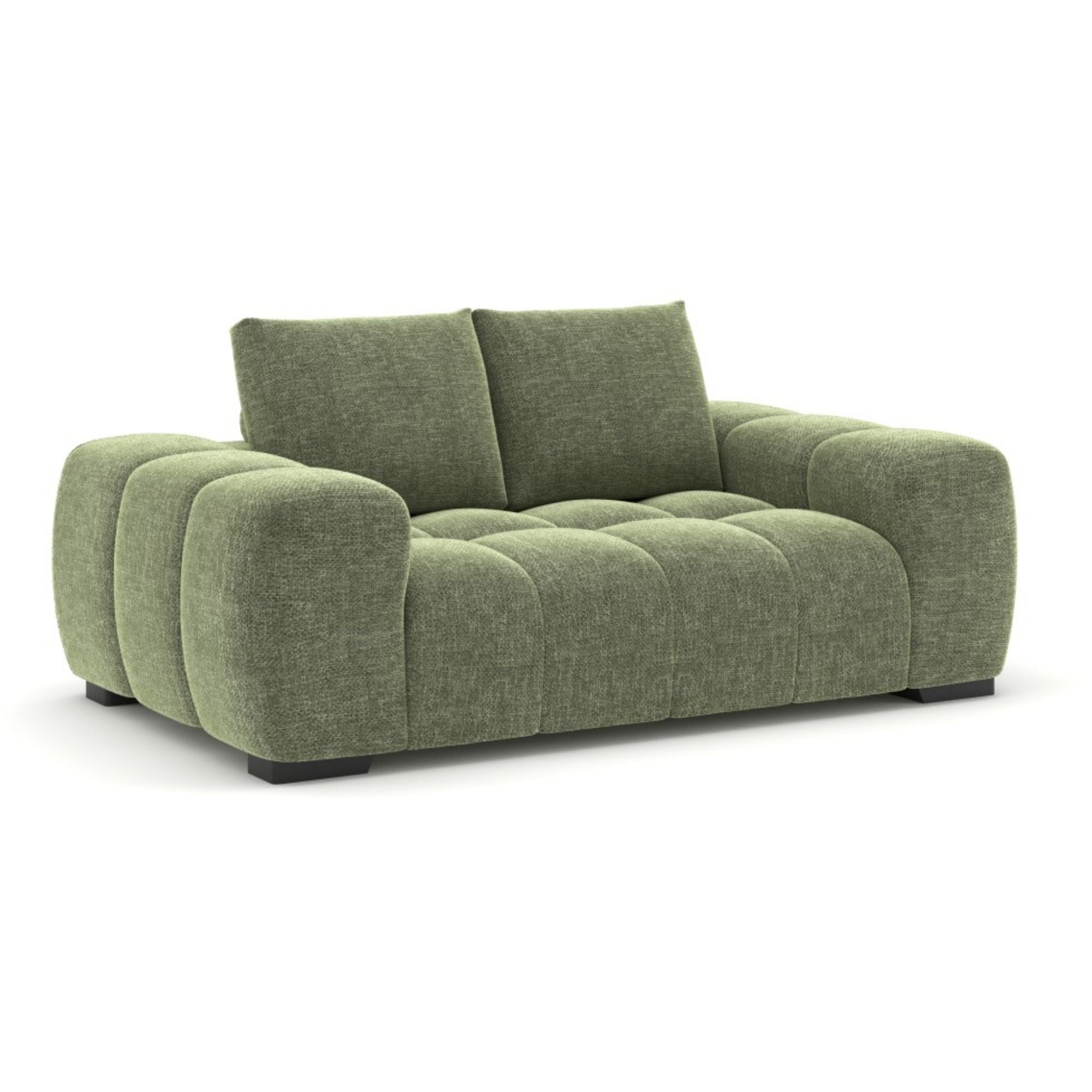 Brassex Zara Collection green loveseat with plush cushions and wooden legs, stylish seating for living room decor.