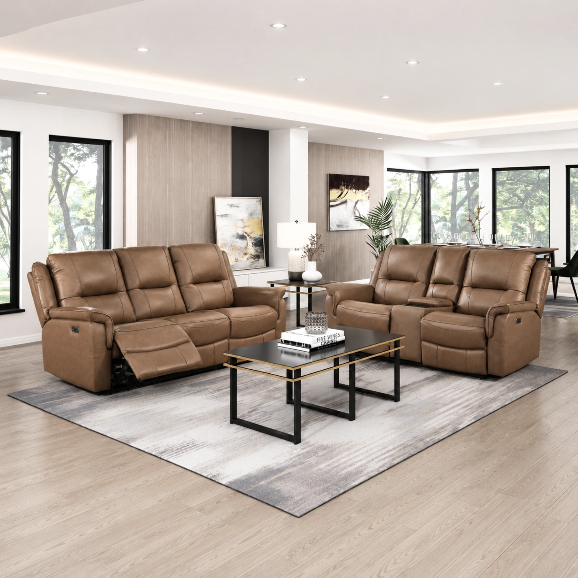 Haven Collection Power Leather Reclining Sofa Set in Brown