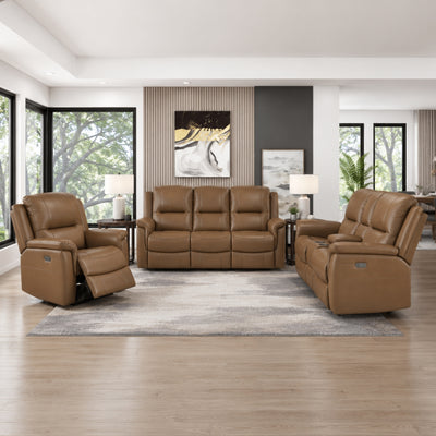 Haven Collection Power Leather Reclining Sofa Set in Brown