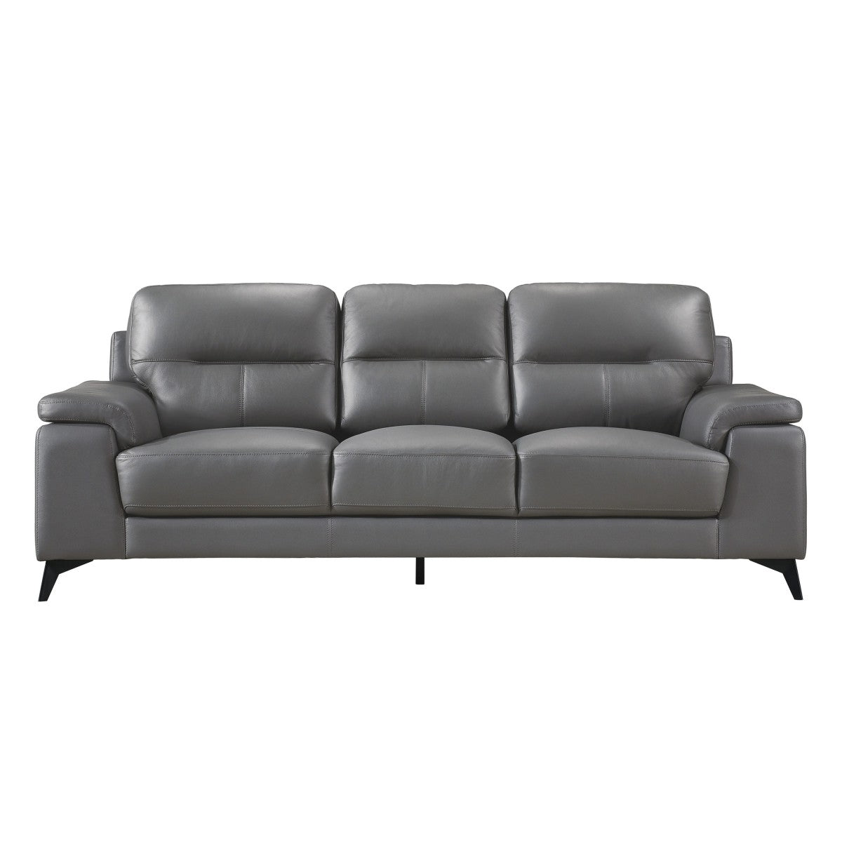 Mazin Furniture Mischa Collection grey leather sofa with plush cushions and modern design, shown from the front.