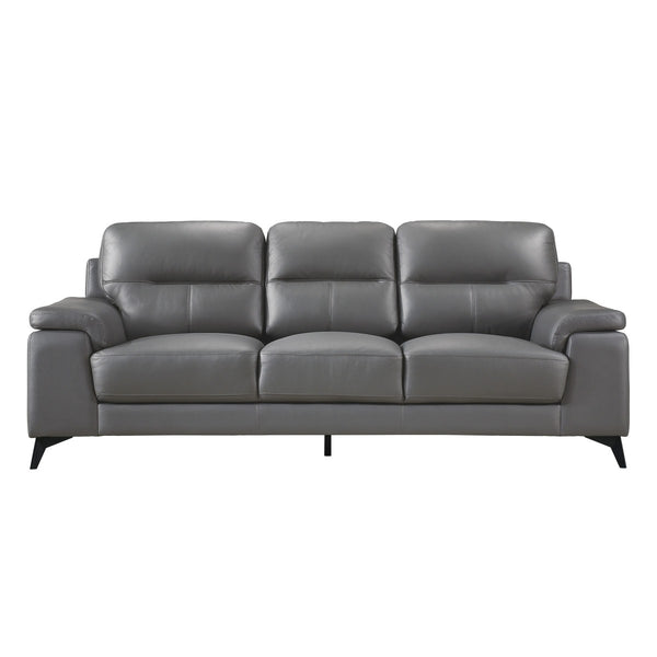 Mazin Furniture Mischa Collection grey leather sofa with plush cushions and modern design, shown from the front.