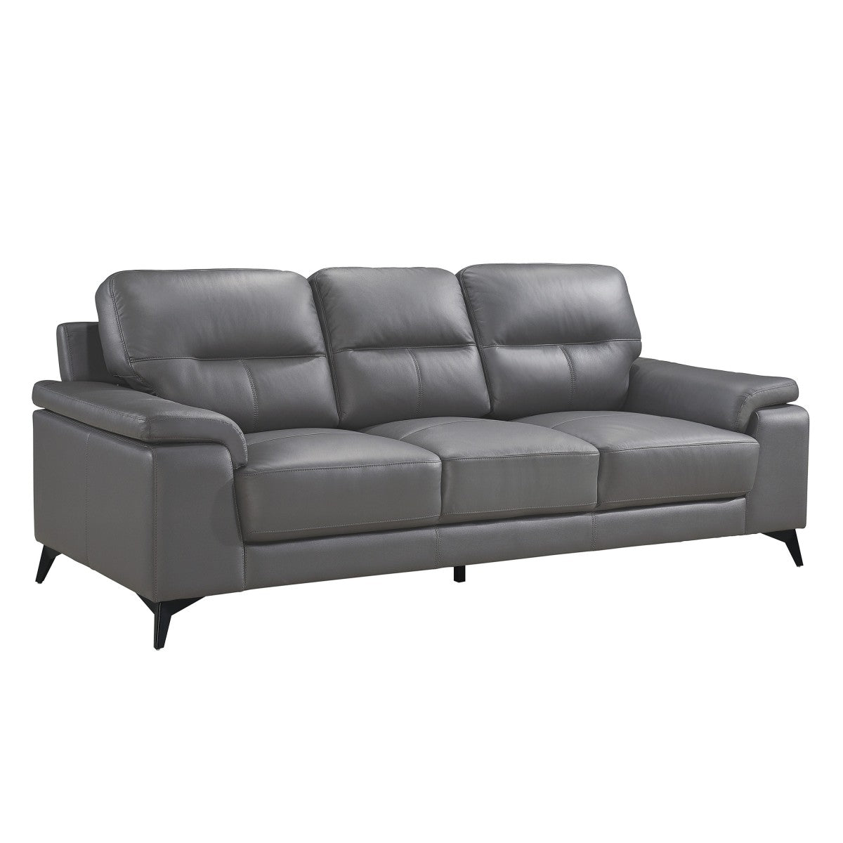 Gray leather sofa from the Mischa Collection by Mazin Furniture, shown from the side with plush cushions and modern design.