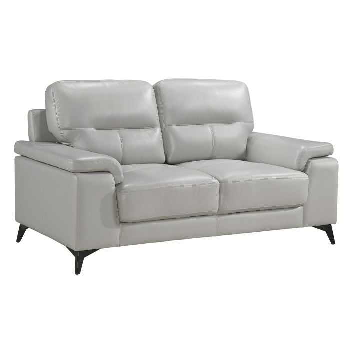 Mazn Furniture Mischa leather loveseat in light grey, showing a side view with soft fabric and modern design.