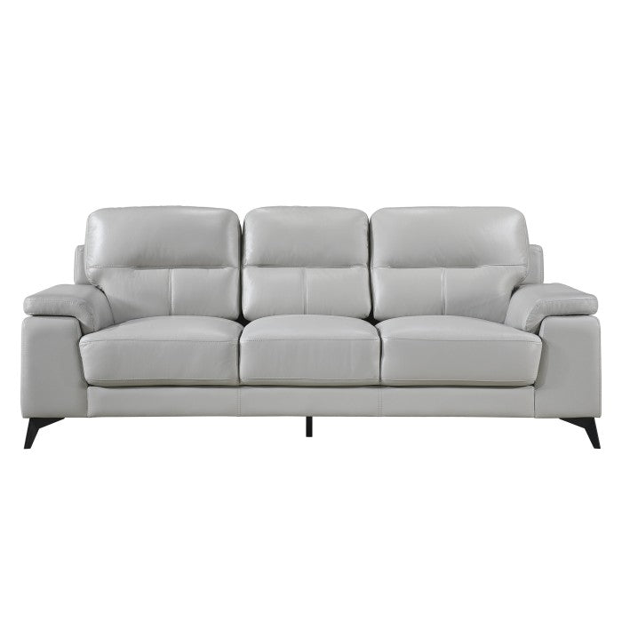 Light grey Mischa leather sofa by MAZ, front view showing plush cushions and sleek design, ideal for modern living rooms.