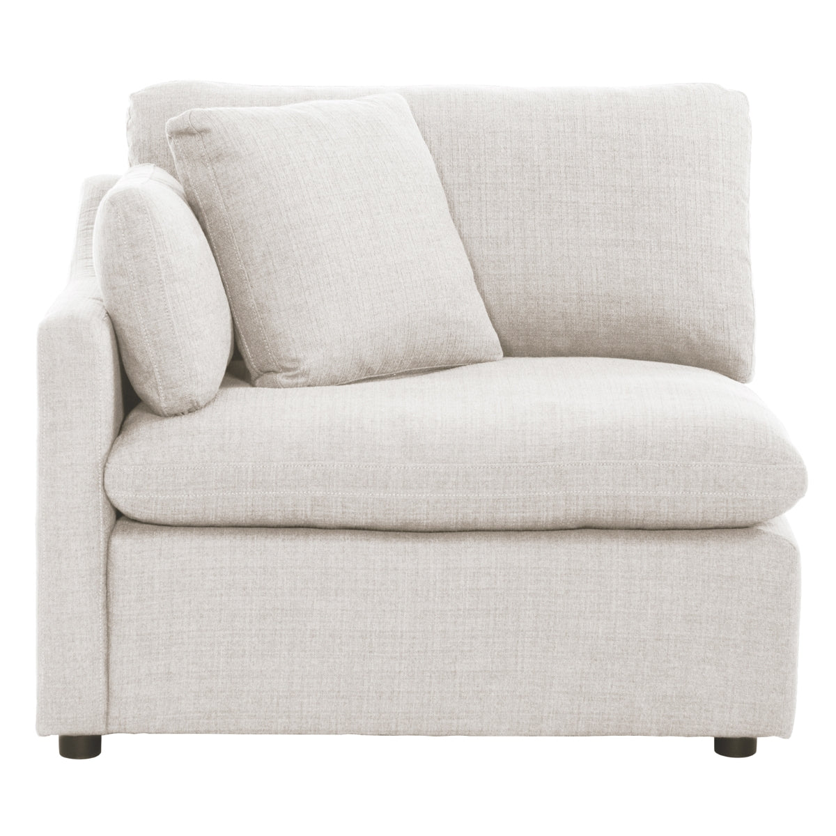 MAZ Howerton Collection loveseat with left side armrest, beige fabric, front view showing plush seating and modern design.