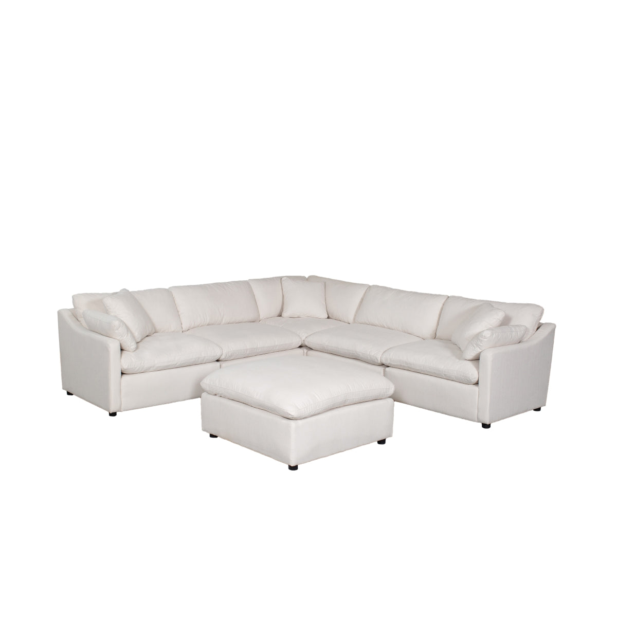 MAZ Howerton Collection 6-piece modular sectional sofa with matching ottoman, beige fabric, modern design, and plush cushions.