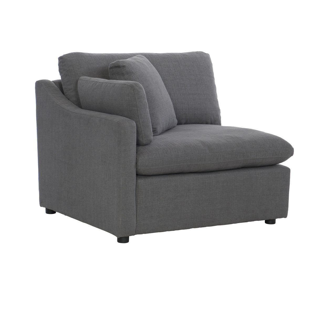 MAZ Howerton Collectional 3-seat sofa in gray fabric, shown from an angled side view with plush cushions and wooden legs.