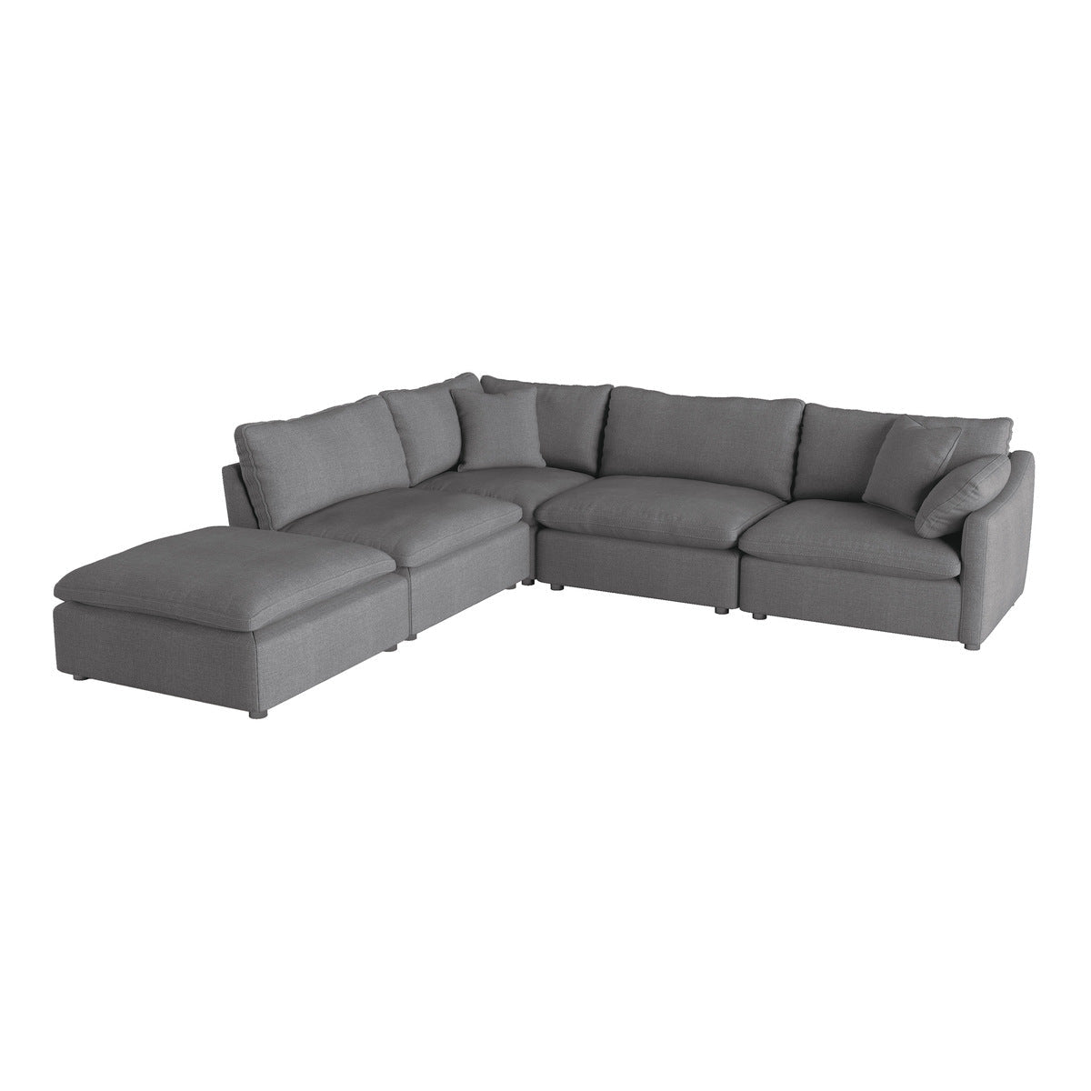 MAZ Howerton Collection 5-piece modular sectional sofa with ottoman, featuring plush cushions and modern design in light fabric.