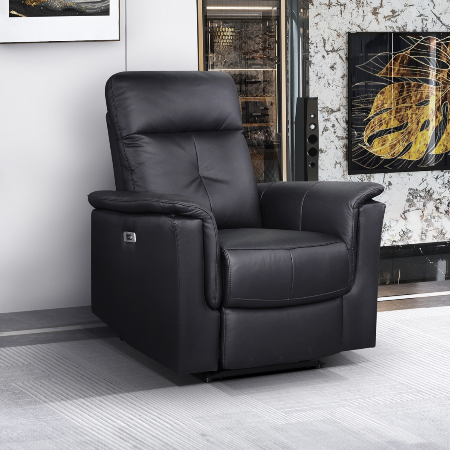 MAZ Bristow Power Glider Recliner in black fabric, featuring plush cushioning and ergonomic design for comfort.