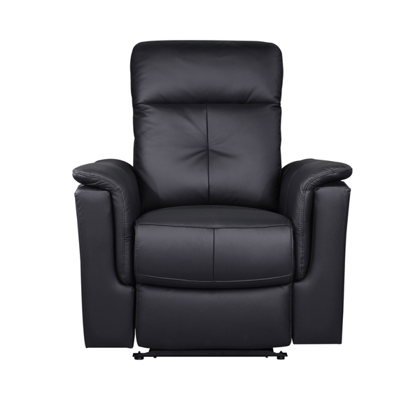 MAZ Bristow Power Glider Recliner in black fabric, featuring a plush padded seat, armrests, and a reclining footrest.